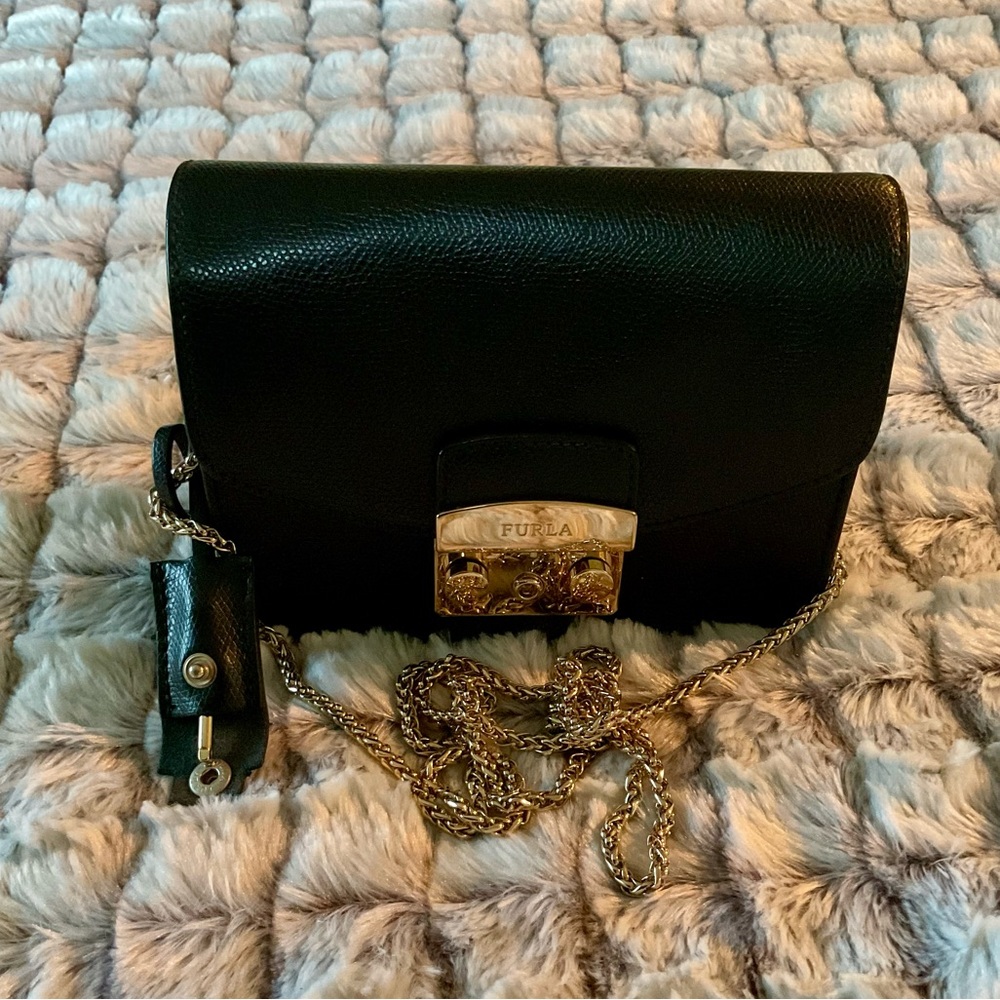 Furla Metropolis Black Leather Mini Crossbody - Gold Chain Shoulder Bag
